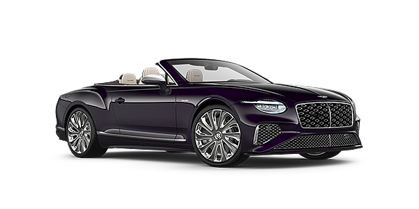 Louwman Exclusive Cars B.V. Bentley New Continental GTC Mulliner convertible front three quarter view in Damson paint with 22 inch Mulliner painted and polished wheel